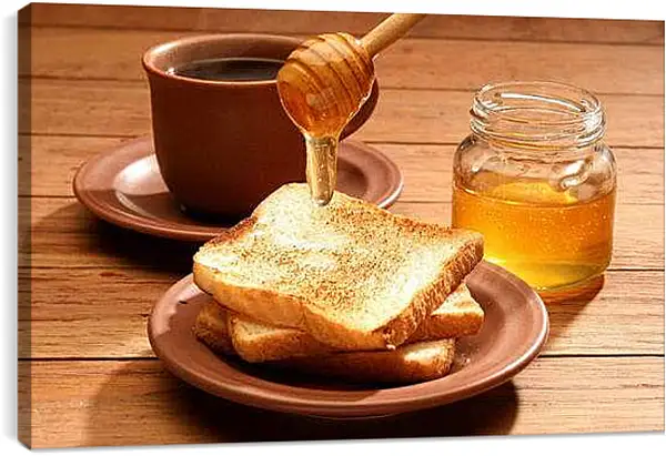 Постер на подрамнике - Чашечка кофе с мёдом и хрустящим хлебом. Утреннее наслаждение.