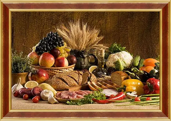 Картина в раме - Стол с едой. Изобилие урожая.