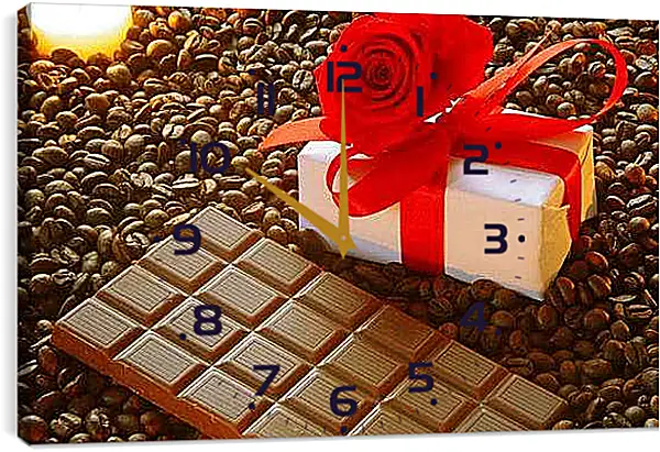 Часы картина - Плитка шоколада на зернах кофе и подарок. Сладкое утро.