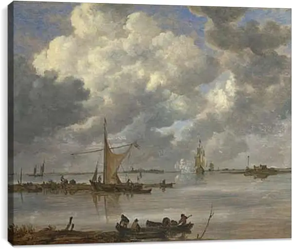 Постер на подрамнике - An Estuary with Fishing Boats and Two Frigates. Ян ван Гойен