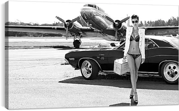 Постер на подрамнике - Девушка, авто и самолет