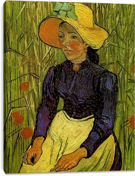 Постер на подрамнике - Молодая крестьянка в соломенной шляпе в пшенице. Винсент Ван Гог