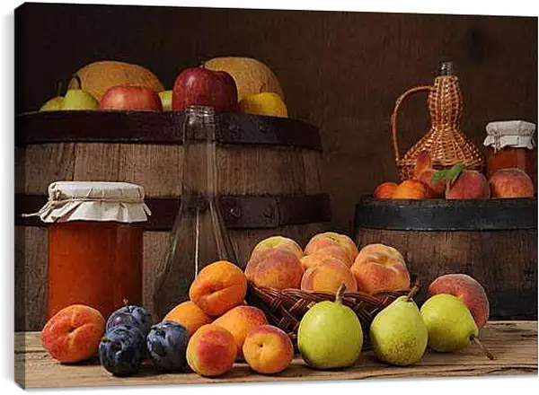 Постер на подрамнике - Фрукты, варенье, бочки. Осенний натюрморт.