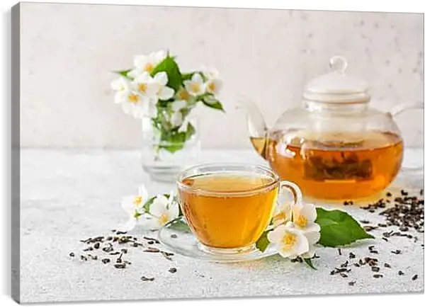 Постер на подрамнике - Чашечка чая на блюдце и чайничек. Жасминовое утро.