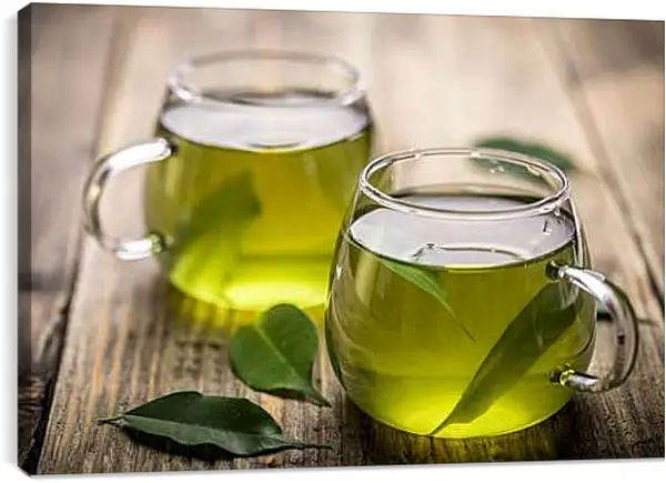 Постер на подрамнике - Две чашки с зелёным чаем. Зеленый чай.