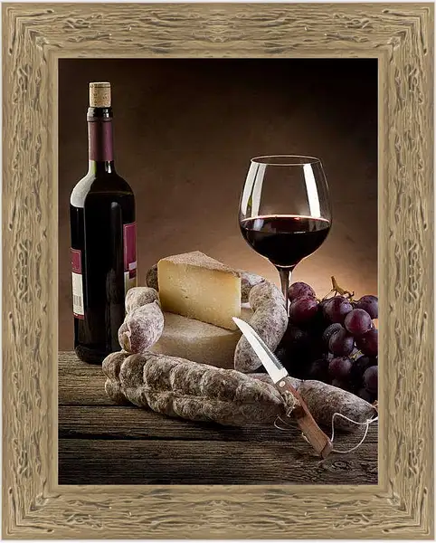 Картина в раме - Бутылка вина и сыр. Итальянский натюрморт.