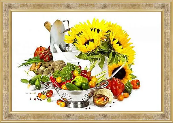 Картина в раме - Подсолнухи и овощи. Солнечный Урожай.