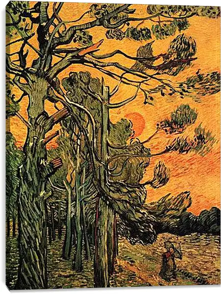 Постер на подрамнике - Pine Trees against a Red Sky with Setting Sun. Винсент Ван Гог