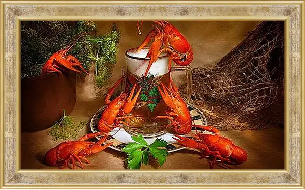 Картина в раме - Стакан пива и шесть раков. Пивной натюрморт.