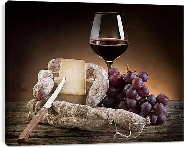 Постер на подрамнике - Натюрморт вино и сыр. Винный натюрморт.
