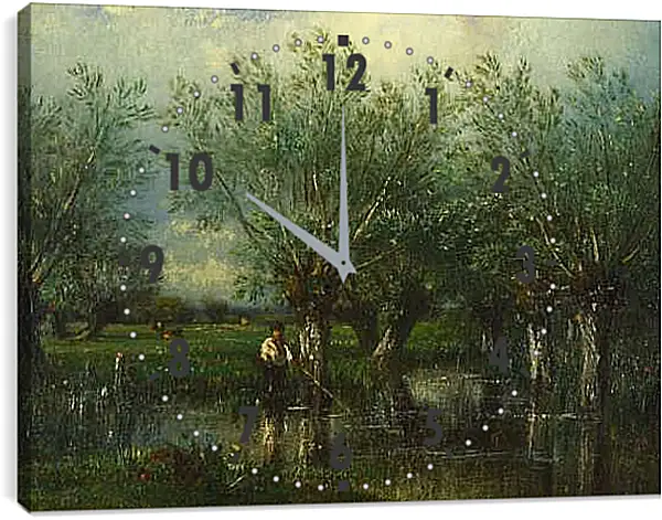Часы картина - Willows, with a Man Fishing.. Жюль Дюпре