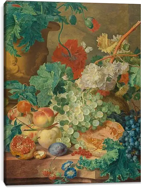 Постер на подрамнике - Натюрморт с цветами и фруктами. Ян ван Хёйсум