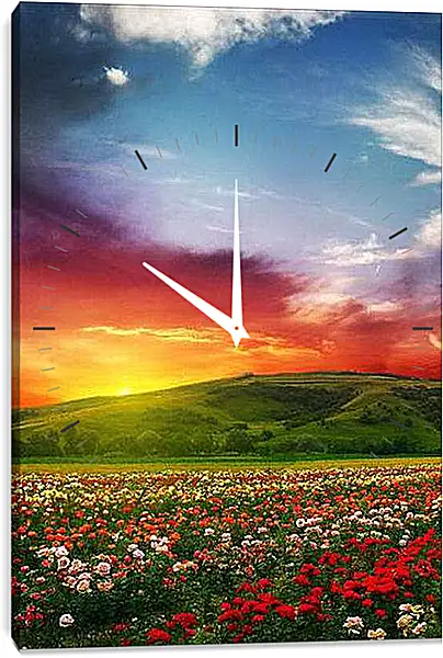 Часы картина - Цветочное поле на закате
