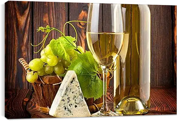 Постер на подрамнике - Кусочек сыра, виноград и бокал белого вина. Вкус Лета.