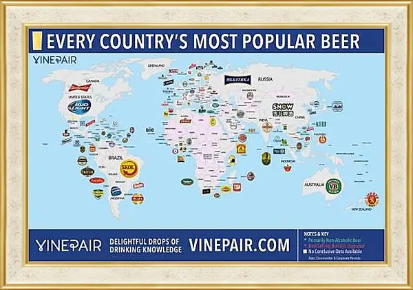 Картина в раме - Карта мира по популярности марок пива в странах