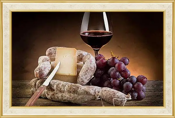 Картина в раме - Сыр, виноград и бокал вина. Итальянская Трапеза.