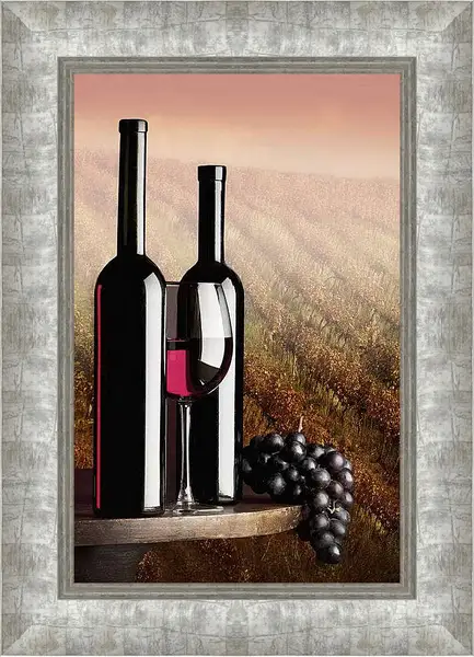 Картина в раме - Две бутылки красного вина. Винный натюрморт.