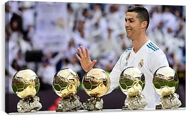 Постер на подрамнике - Криштиану Роналду в окружении золотых мячей.