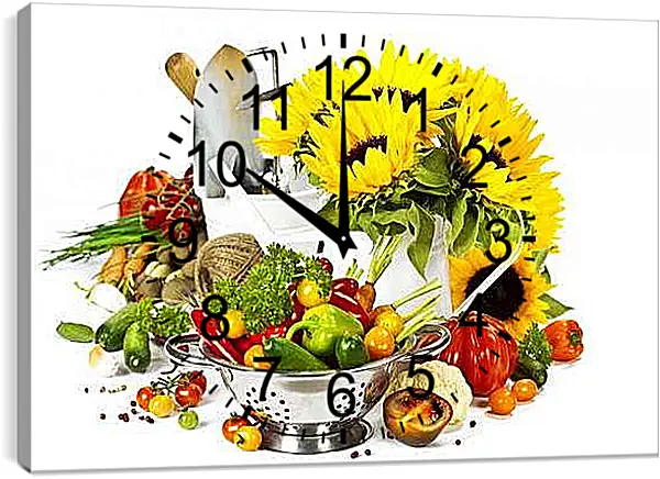 Часы картина - Подсолнухи и овощи. Солнечный Урожай.