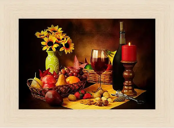 Картина в раме - Вино, подсолнухи, свеча. Солнечный натюрморт.