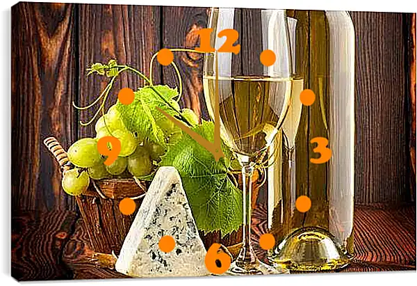 Часы картина - Кусочек сыра, виноград и бокал белого вина. Вкус Лета.