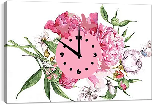 Часы картина - Пионы и бабочка