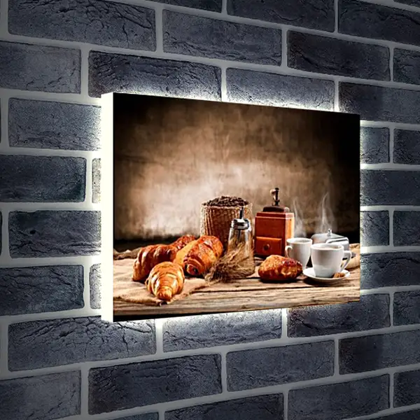 Лайтбокс световая панель - Несколько круассанов и пару чашек кофе на столе. Утреннее наслаждение.