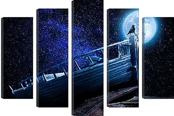 Модульная картина - Чёрный ворон на фоне Луны