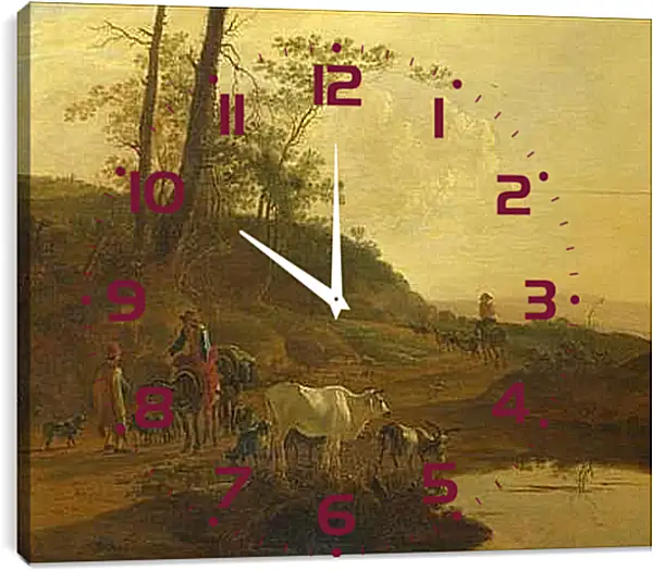 Часы картина - Men with an Ox and Cattle by a Pool. Ян Бот