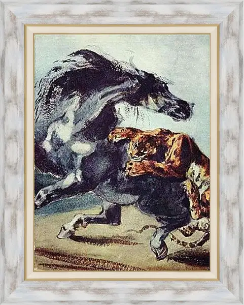 Картина в раме - Tiger greift ein Pferd an. Эжен Делакруа