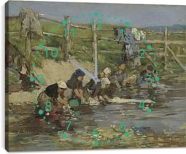 Часы картина - Laundresses by a Stream. Эжен Буден