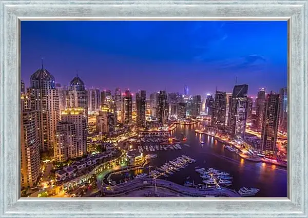 Картина в раме - Вид на город и яхты в гавани. Дубай