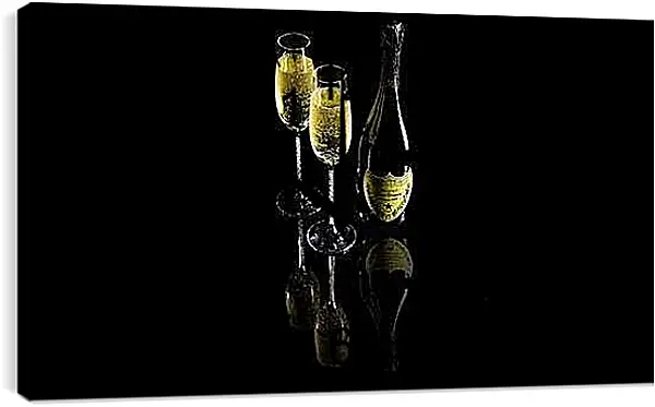 Часы картина - Два красивых бокала и бутылка. Искрящийся Вечер.