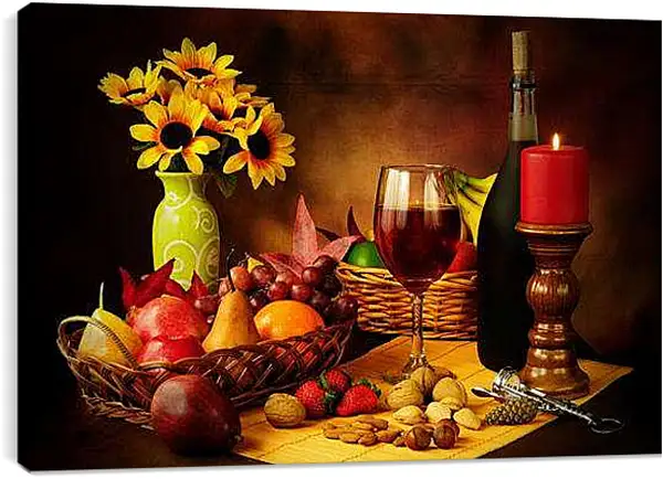 Постер на подрамнике - Вино, подсолнухи, свеча. Солнечный натюрморт.