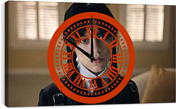 Часы картина - Уэнсдей Аддамс с двумя чёрными косичками