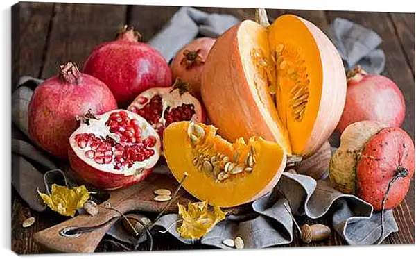 Постер на подрамнике - Тыква и гранат. Осеннее изобилие.