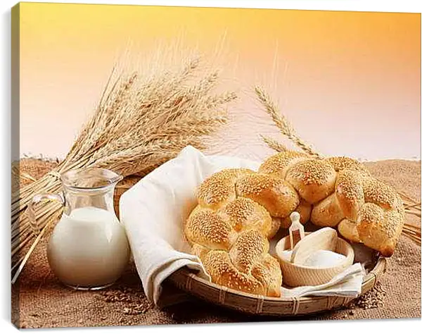 Постер на подрамнике - Молоко, хлеб, пшеница. Утро начинается с хлеба.