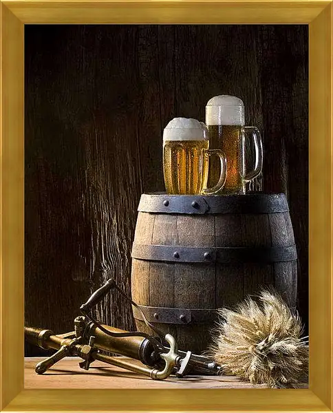 Картина в раме - Кружки пива на бочке. Пенное Удовольствие.