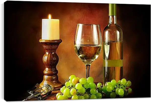 Постер на подрамнике - Горящая свечка и вино с виноградом. Вечерний Натюрморт.