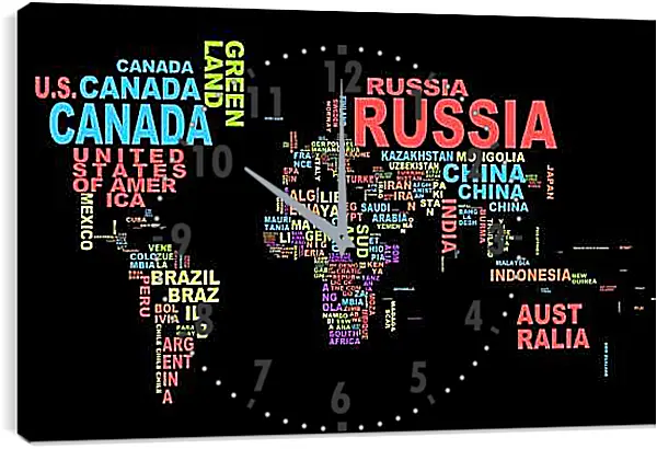 Часы картина - Карта мира из названий стран
