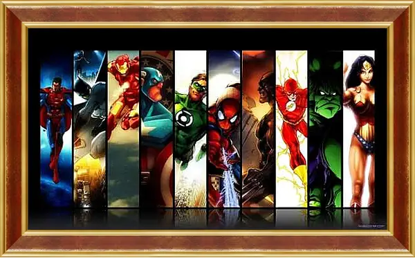 Картина в раме - Иллюстрация супергероев DC. Комиксы Marvel. Коллаж