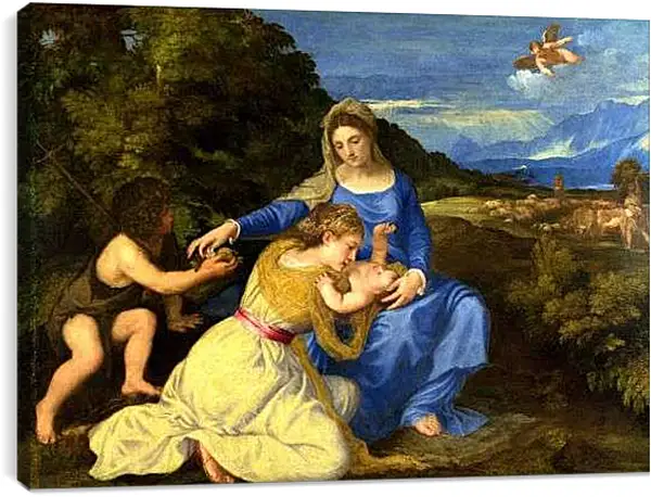 Постер на подрамнике - Мадонна с младенцем, святым Иоанном Крестителем и святой Катериной. Тициан Вечеллио