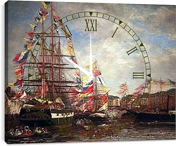 Часы картина - Festival in the Harbor of Honfleur. Эжен Буден