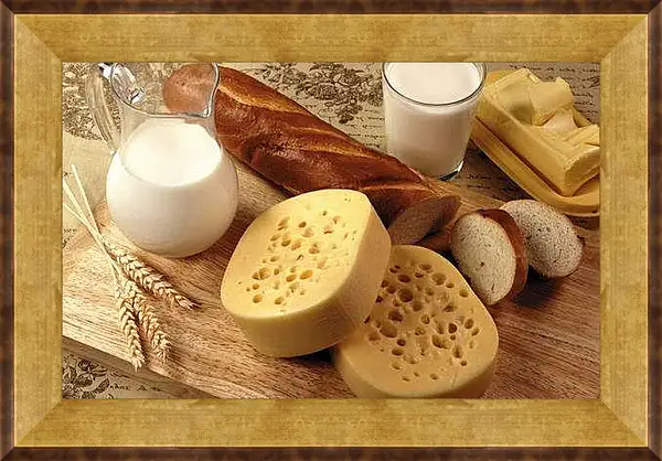 Картина в раме - Батон, сыр, кувшин и стакан молока на столе. Аромат утра.