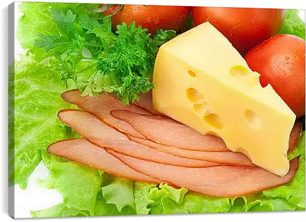 Постер на подрамнике - Сыр и овощи. Свежесть на столе.