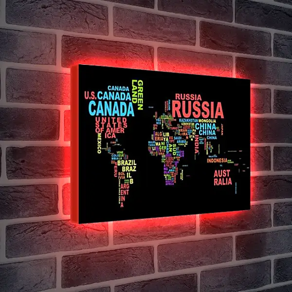 Лайтбокс световая панель - Карта мира из названий стран