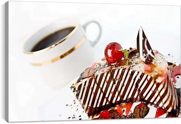 Постер на подрамнике - Кусочек торта и чашка кофе. Сладкое утро.