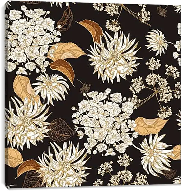 Постер на подрамнике - Винтажные цветы на черном фоне