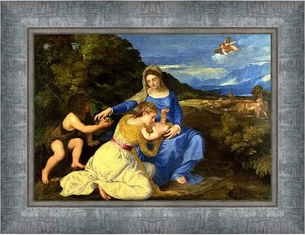 Картина в раме - Мадонна с младенцем, святым Иоанном Крестителем и святой Катериной. Тициан Вечеллио