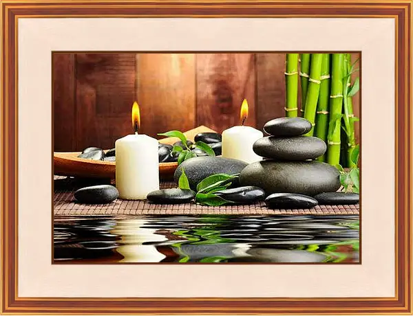 Картина в раме - Бамбук, камни, свечи, вода